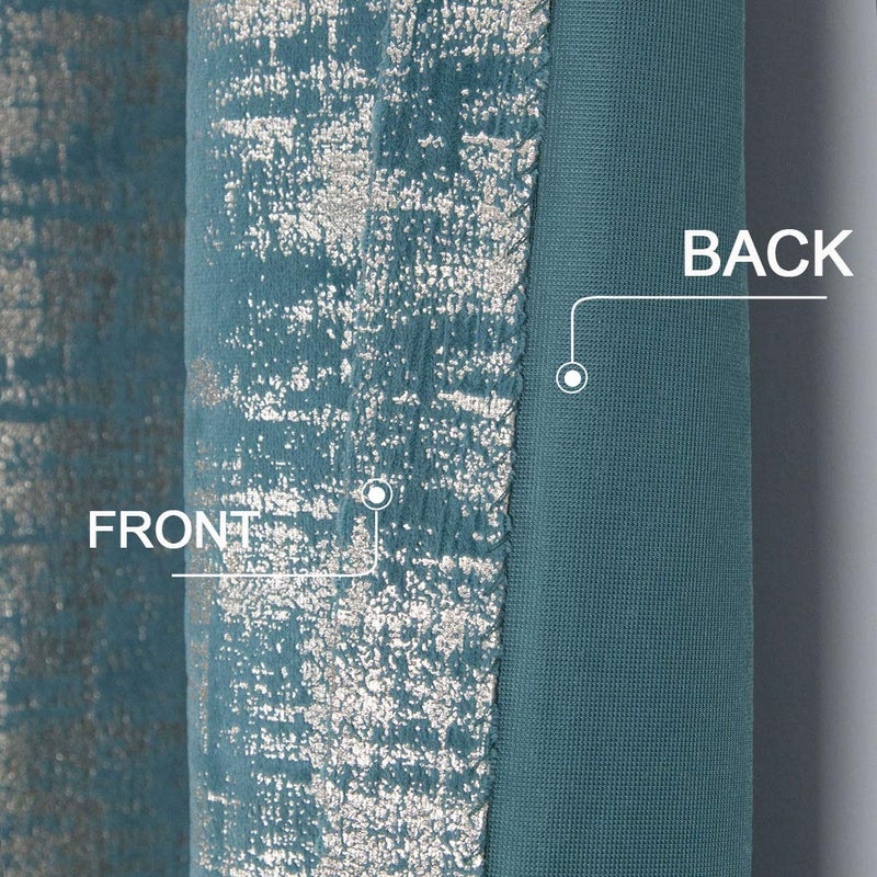 always4u Soft Velvet Curtains 108 Inch Length Long Luxury Bedroom Curtains Gold Foil Print Window Treatments for Living Room Set of 2 Teal - Image 4